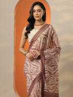 Peach Printed Silk Blend Saree With Unstitched Blouse Piece