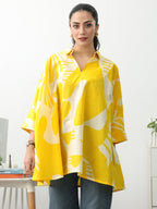 Yellow Abstract Printed Cotton Blend A-Line Short Kurti