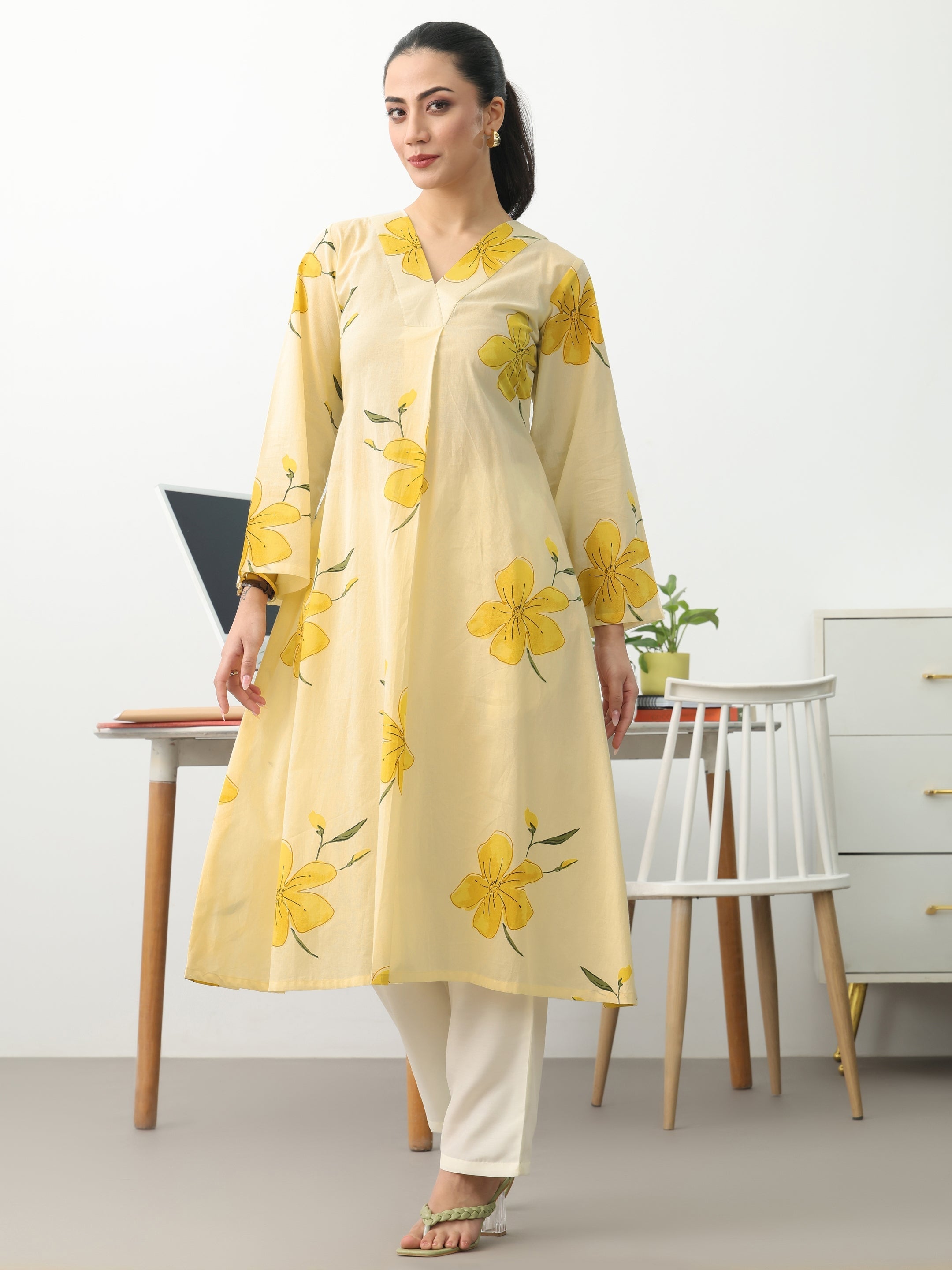 Off White Floral Printed Cotton A-Line Kurta