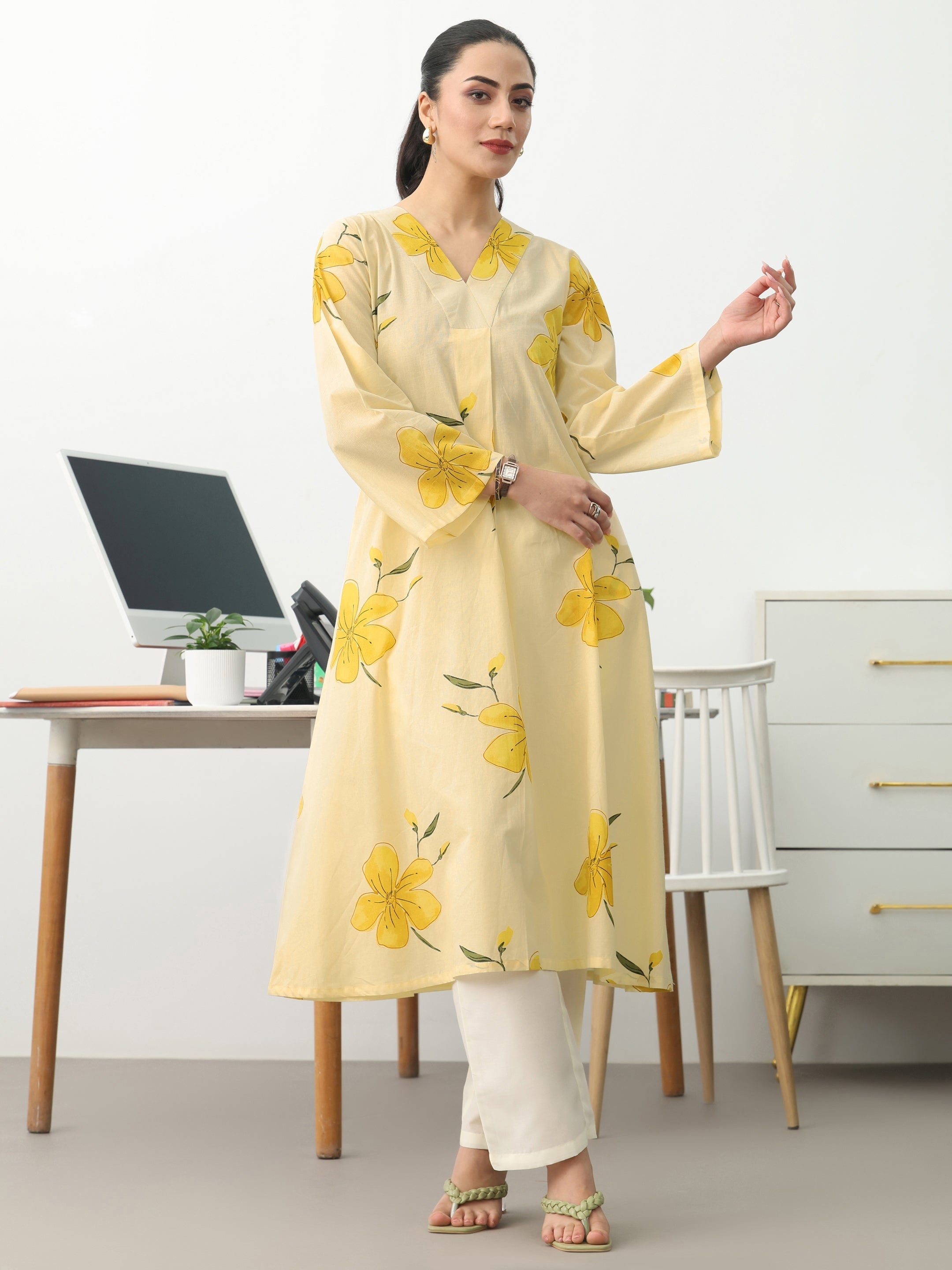 Off White Floral Printed Cotton A-Line Kurta