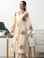Off White Floral Printed Cotton A-Line Kurta