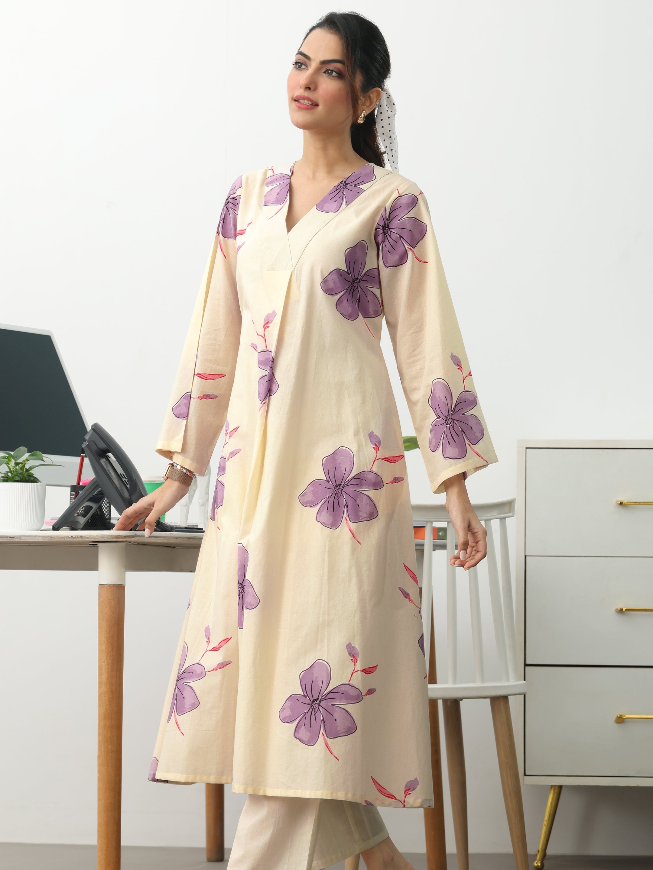 Off White Floral Printed Cotton A-Line Kurta