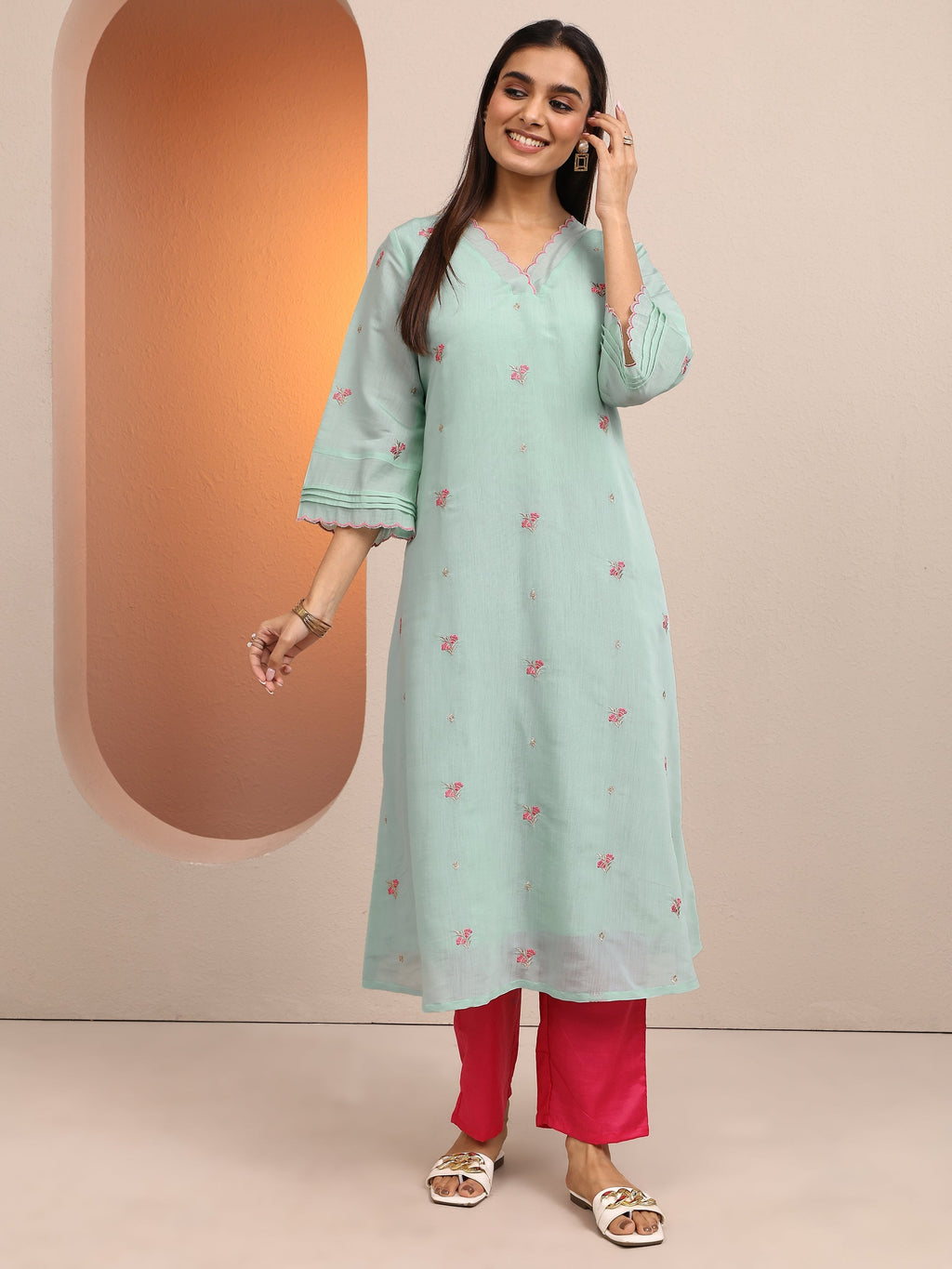 Gianna Blue Embroidered Chanderi Cotton A-Line Kurta