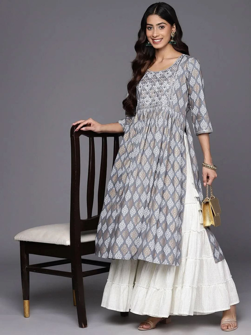 Grey Embellished Rayon A-Line Kurta