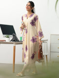 Off White Floral Printed Cotton A-Line Kurta