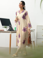Off White Floral Printed Cotton A-Line Kurta