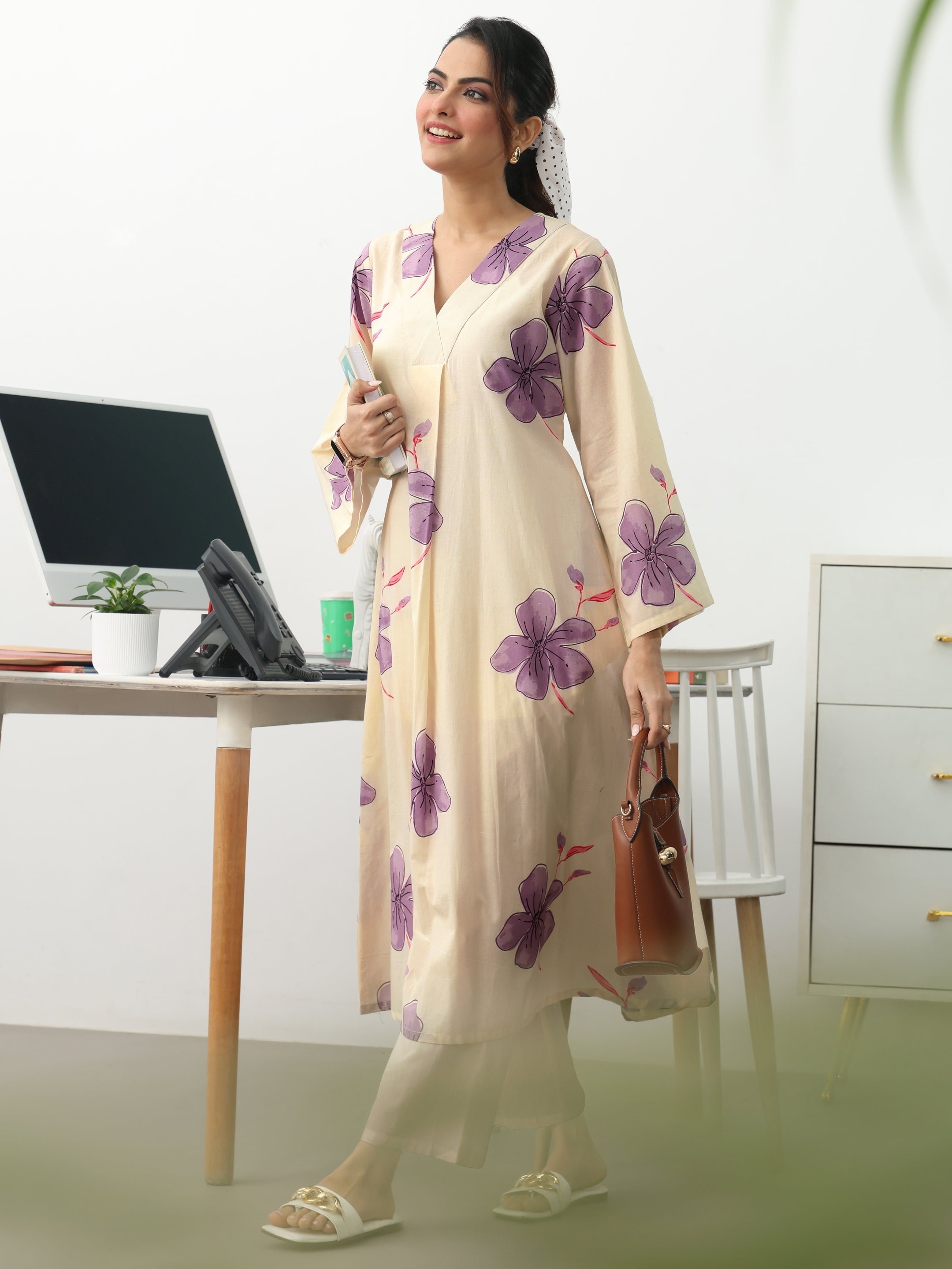 Off White Floral Printed Cotton A-Line Kurta