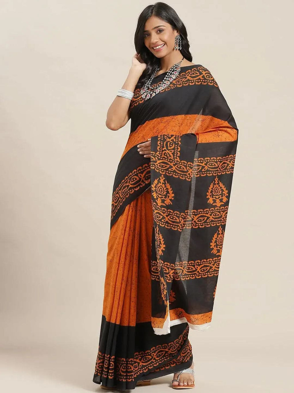 Orange Printed Cotton Saree