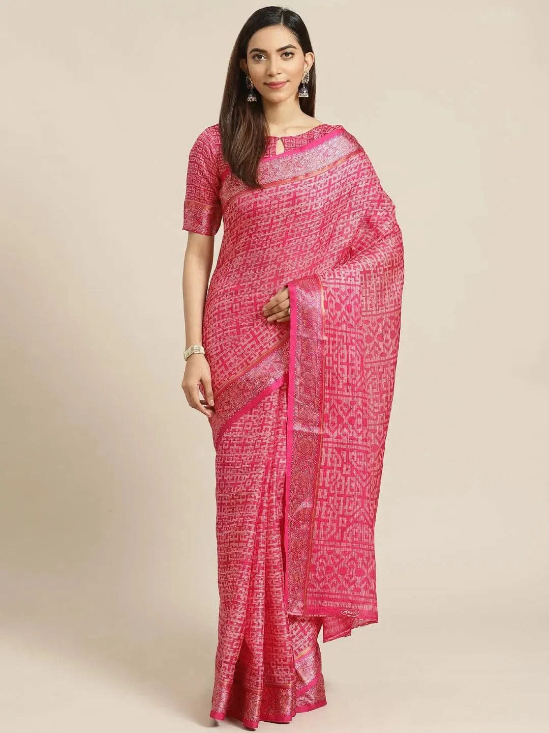Pink Printed Linen Saree