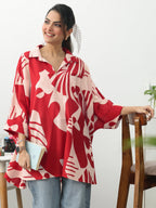 Red Abstract Printed Cotton Blend A-Line Short Kurti
