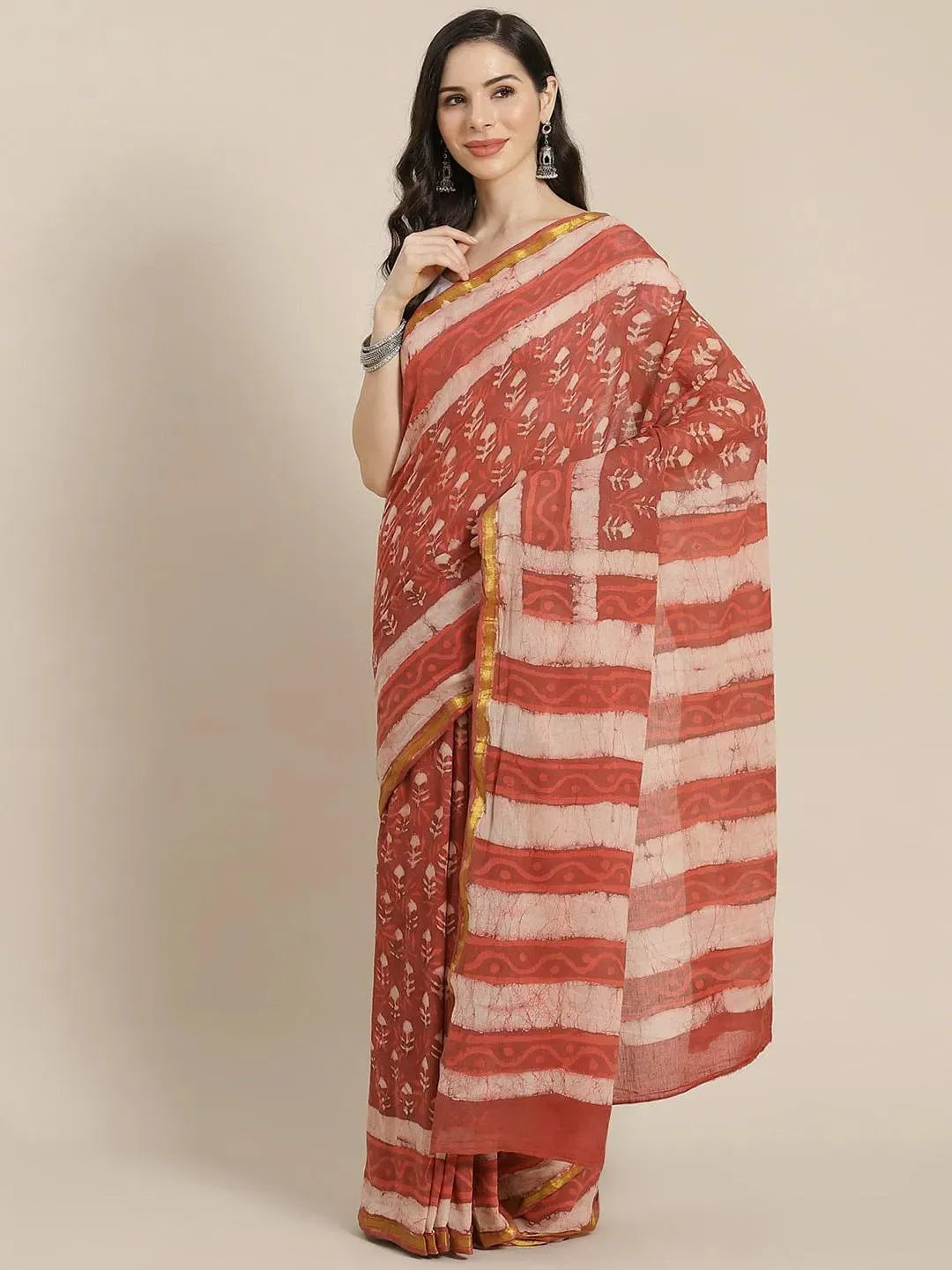 Rust Printed Cotton Saree