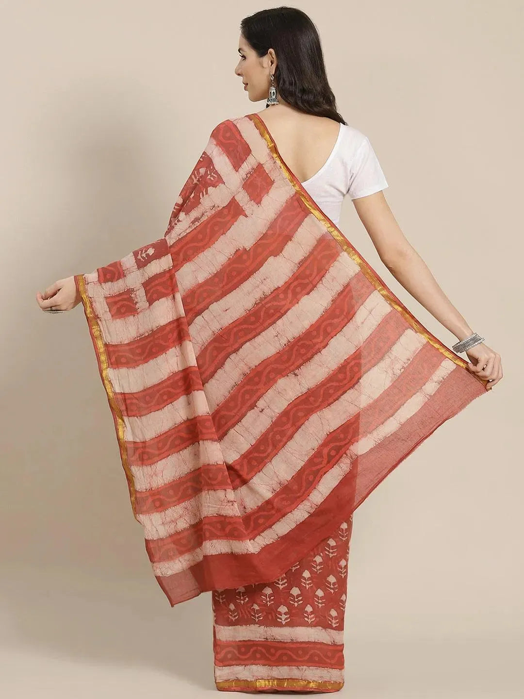 Rust Printed Cotton Saree