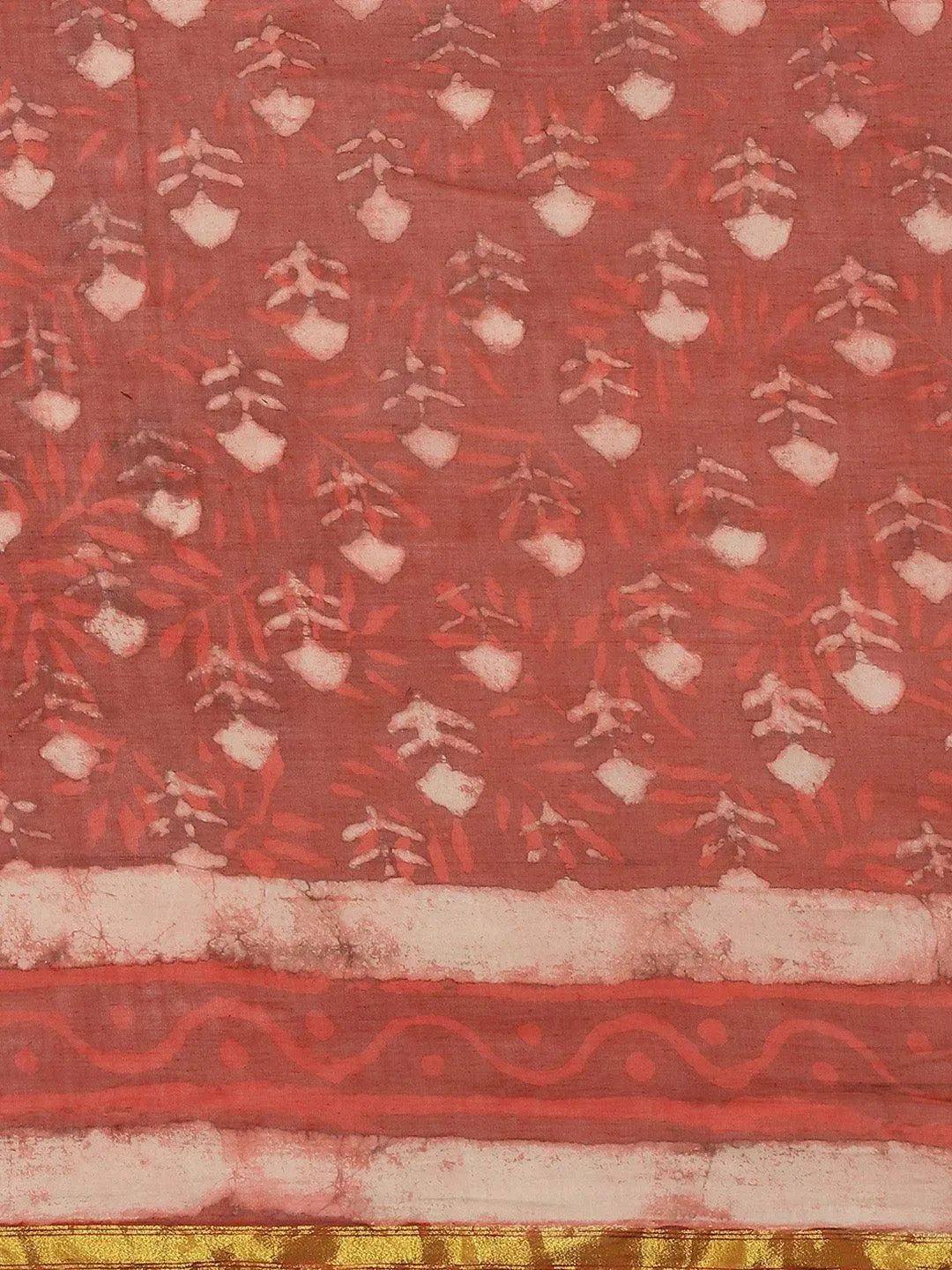 Rust Printed Cotton Saree