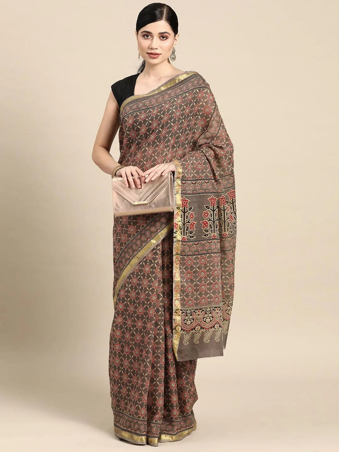 Taupe Printed Cotton Saree
