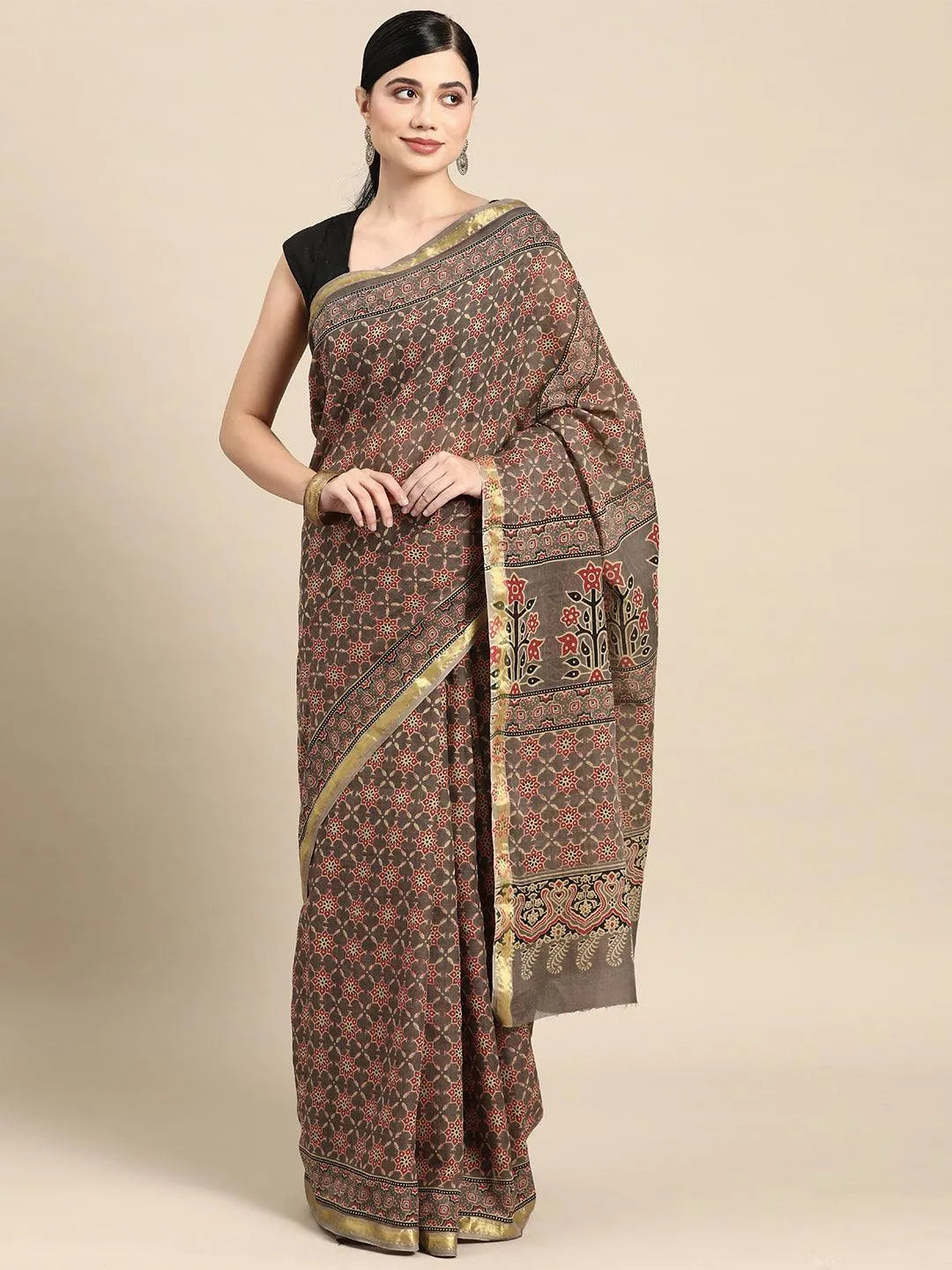 Taupe Printed Cotton Saree
