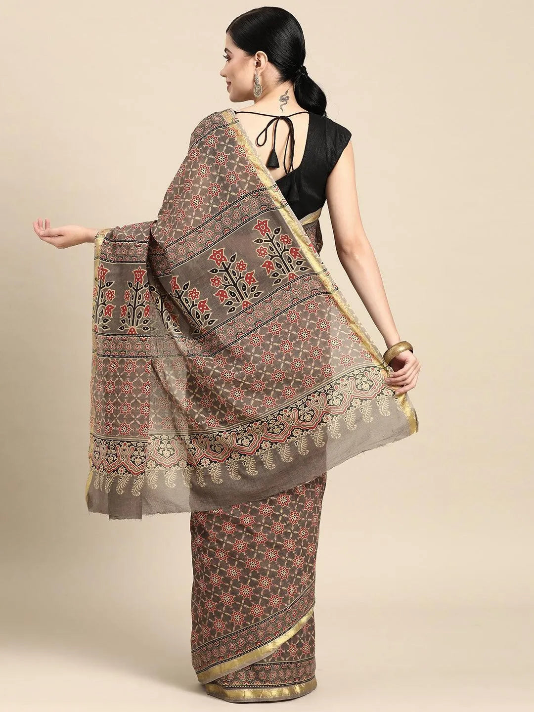 Taupe Printed Cotton Saree