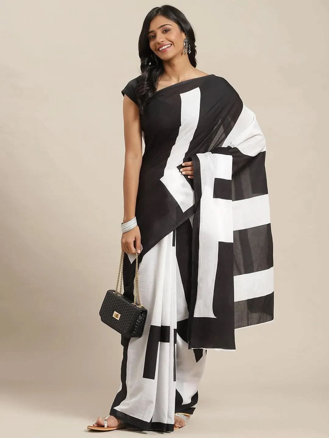 White Printed Cotton Saree