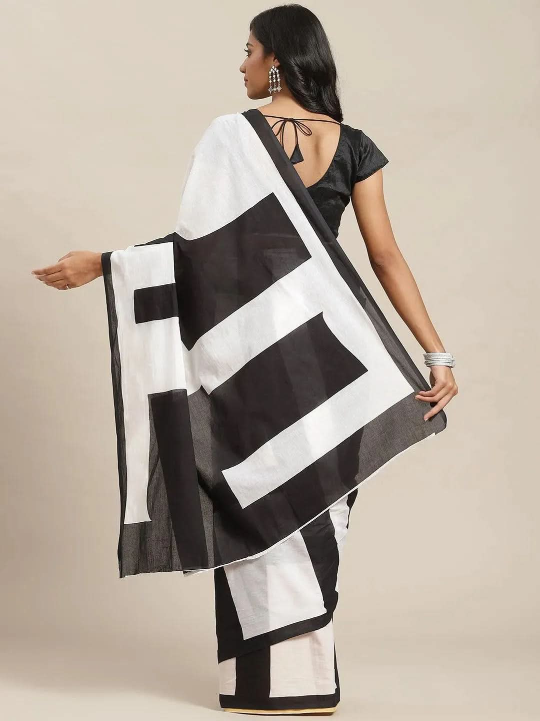 White Printed Cotton Saree