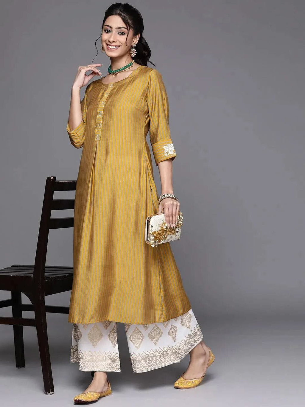 Yellow Striped Chanderi Silk Kurta
