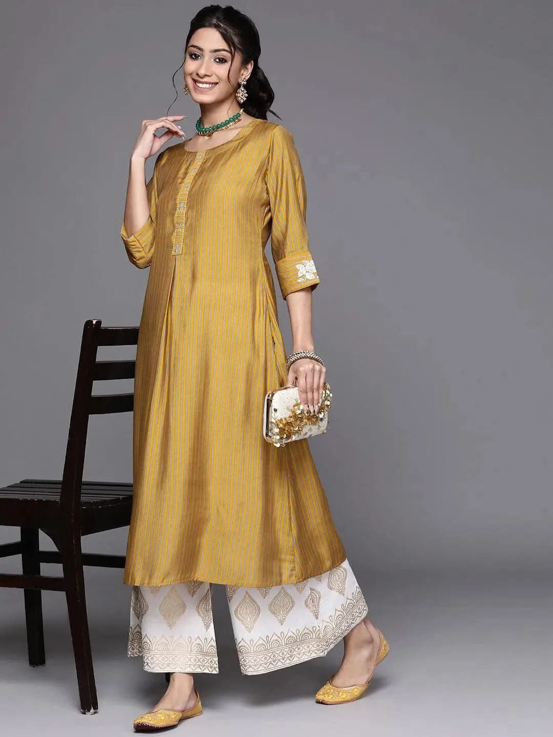 Yellow Striped Chanderi Silk Kurta
